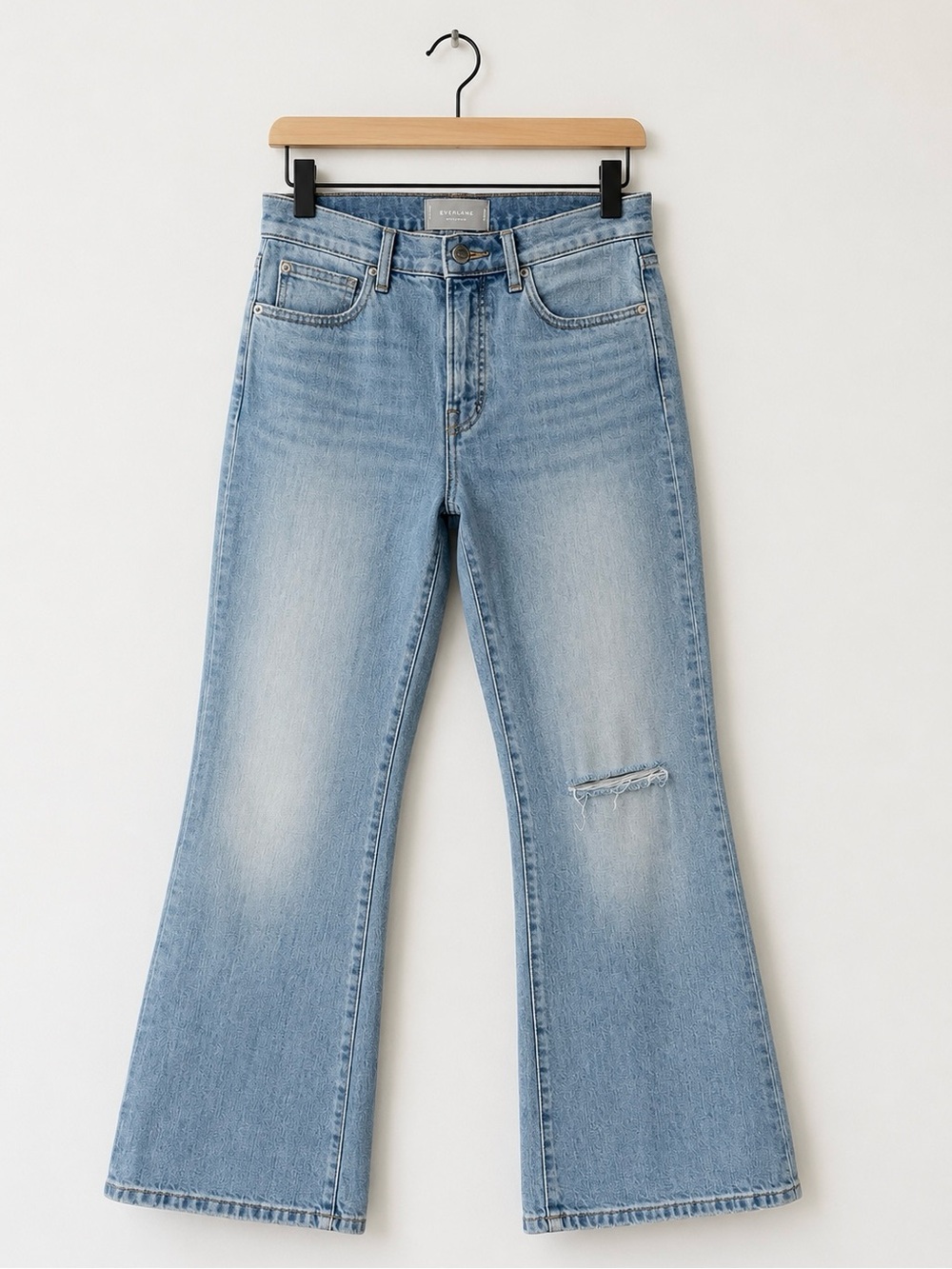 Everlane The High-Rise Flare Jeans Light Wash Distressed Knee Size 27